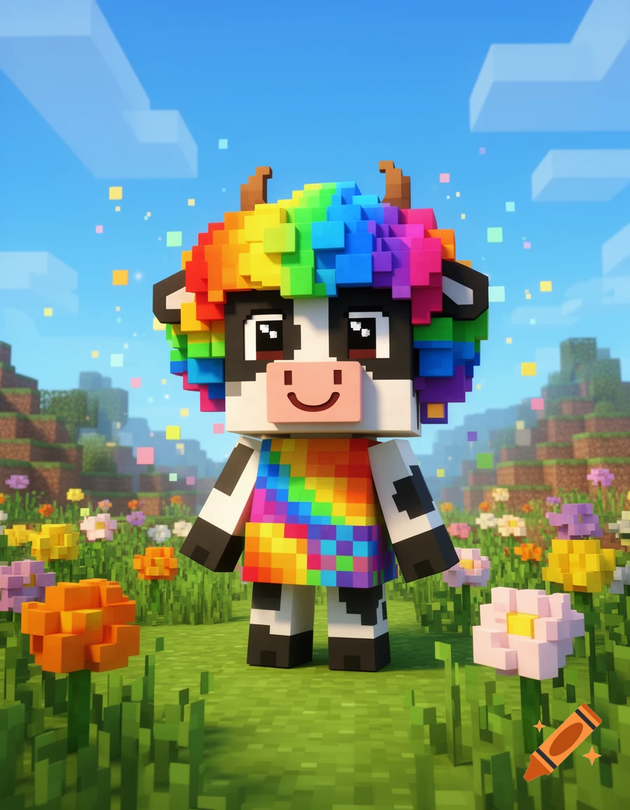 Minecraft-style cow character with a rainbow wig and rainbow dress standing in a sunny grassy field with colorful blocky flowers.
