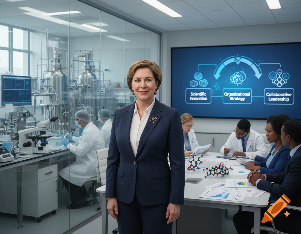 Photorealistic image of a woman in a business suit standing in a modern biotechnology laboratory with colleagues reviewing data in the background.
