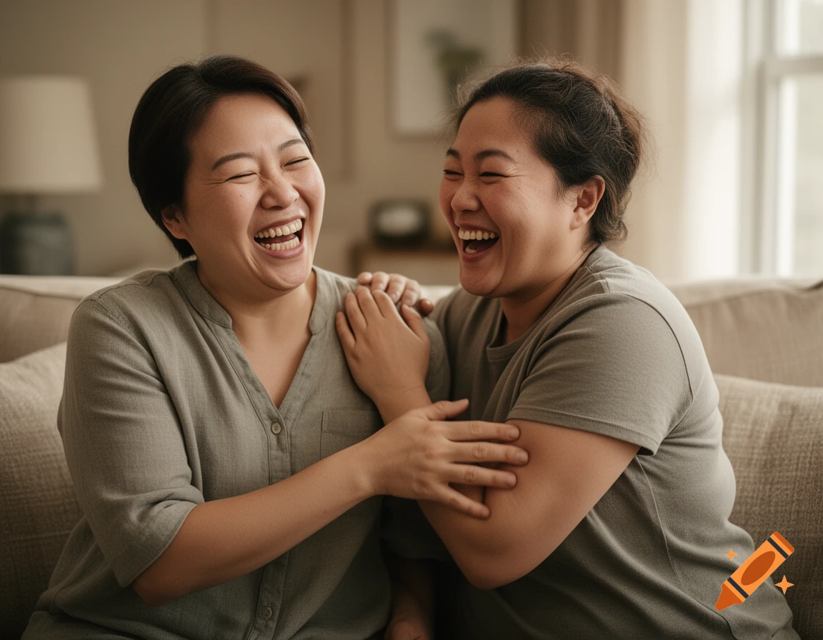 Two smiling women sitting on a sofa, laughing and interacting playfully.