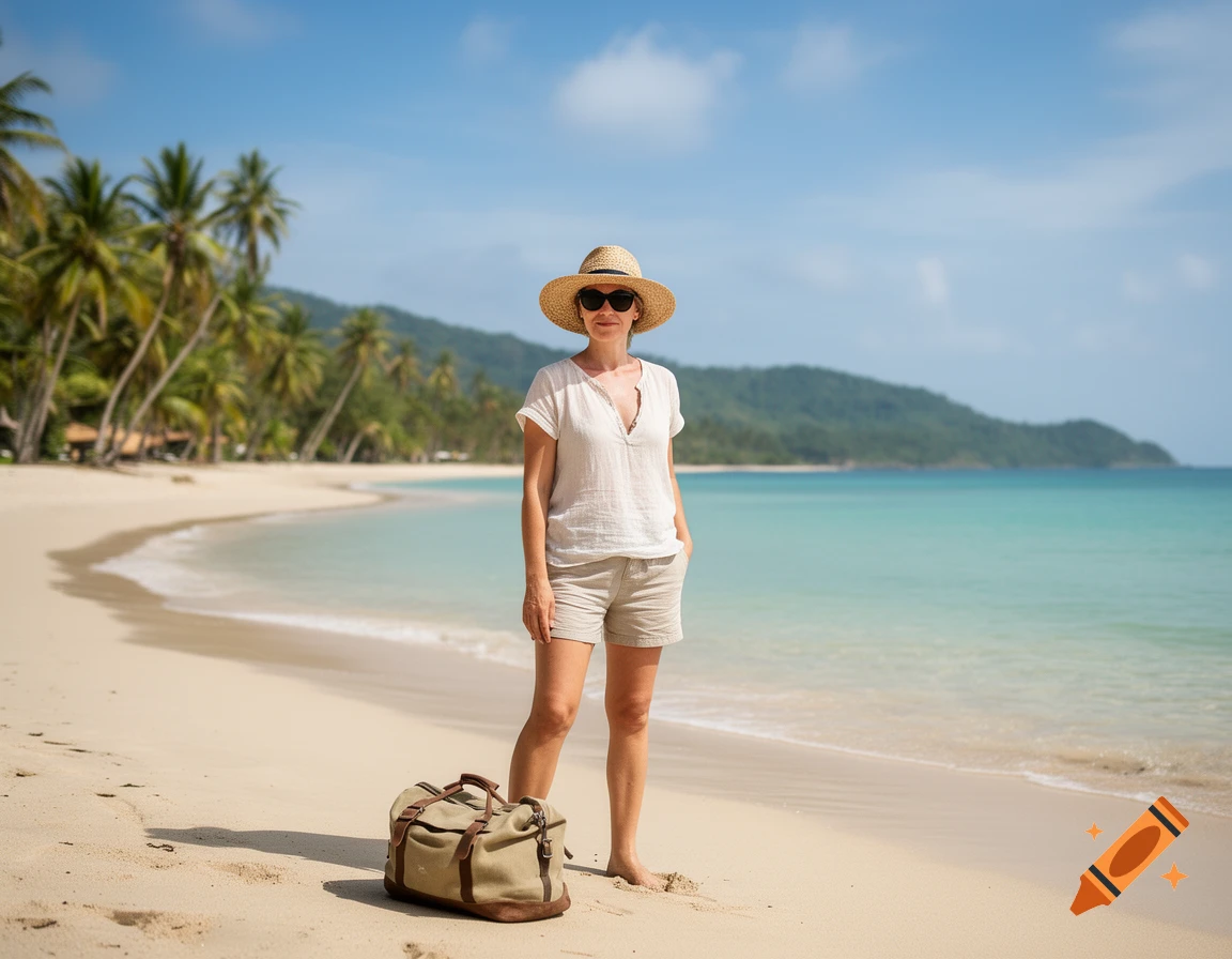 A woman wearing a sun hat and sunglasses stands on a tropical beach with a duffel bag, with palm trees and calm blue water in the background.