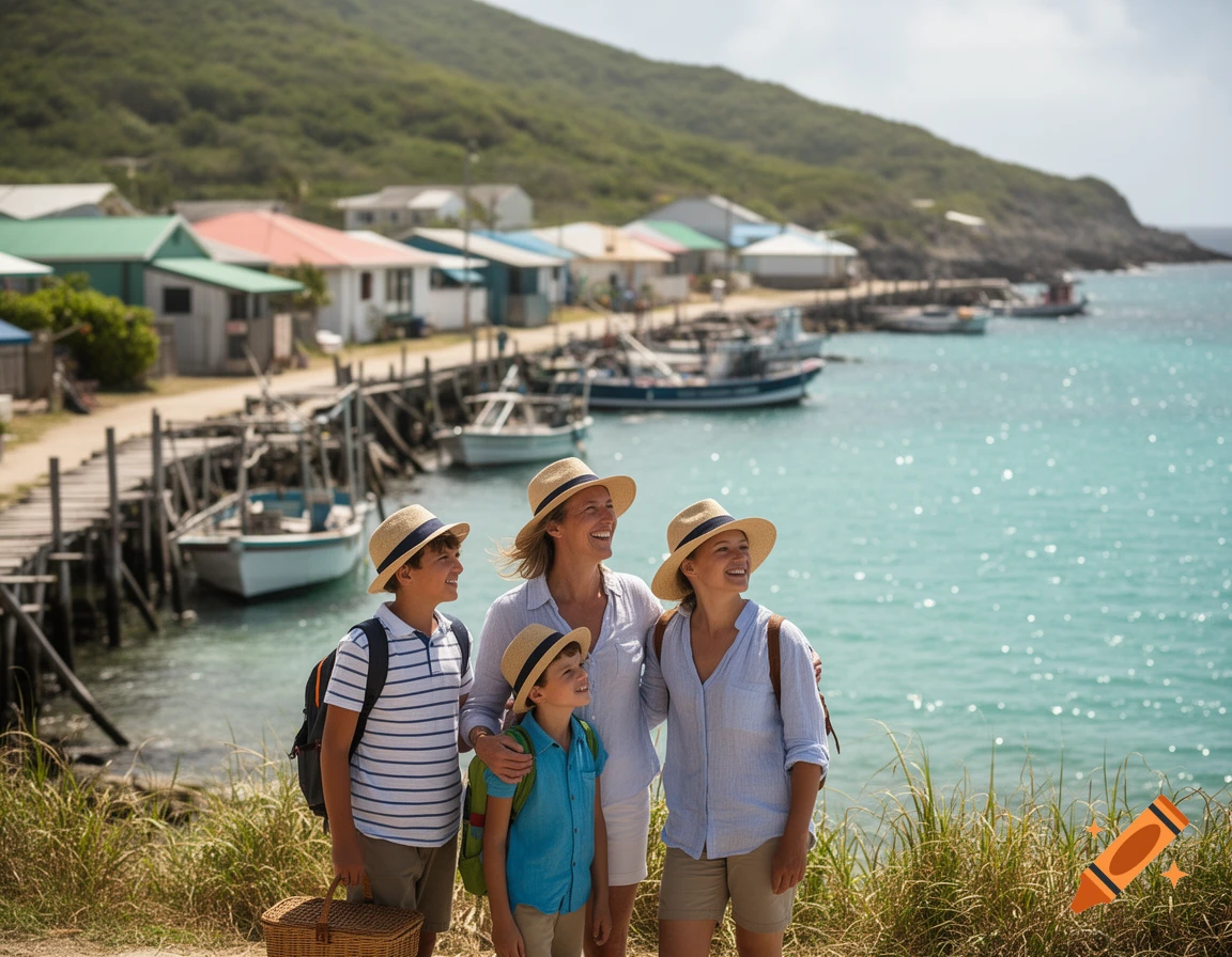 Photorealistic image of a family of four wearing sun hats by a coastal village with colorful houses and fishing boats.