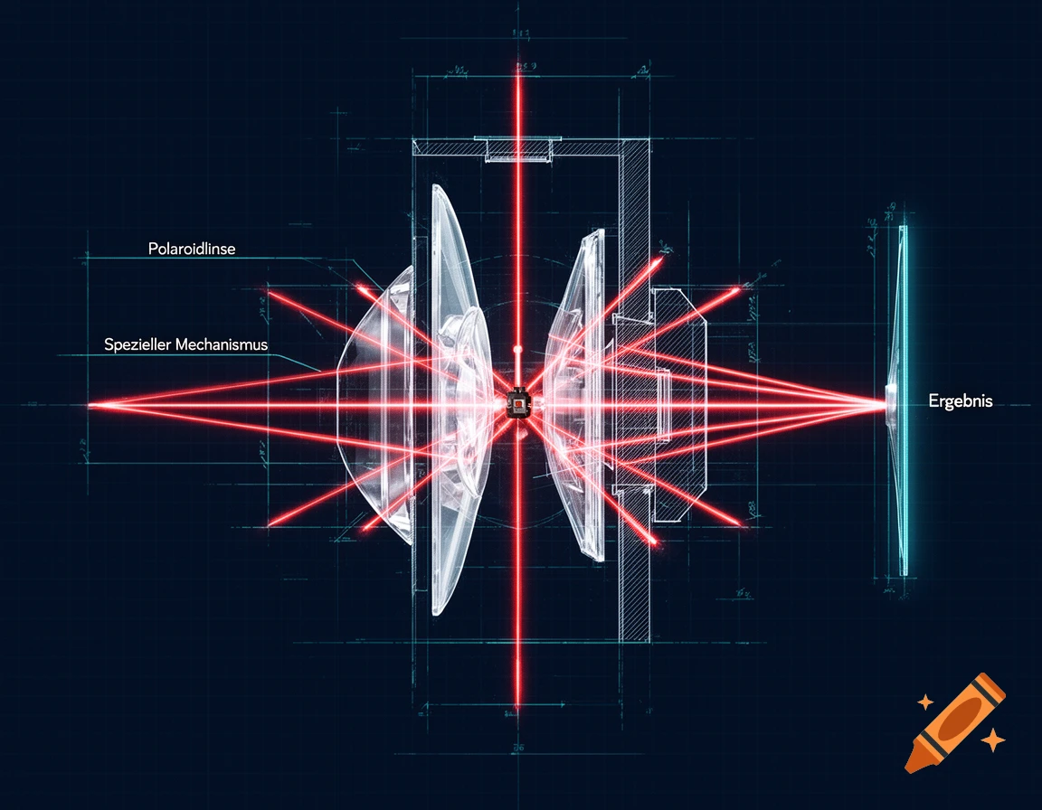 Blueprint cross-section diagram of a laser emitting red beams through lenses on a dark grid background.