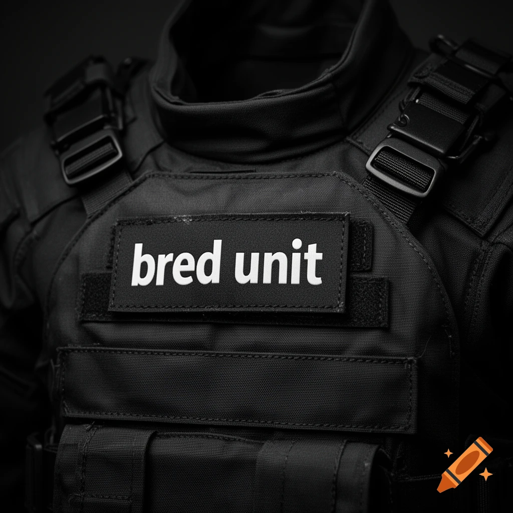 Close-up of a black tactical vest with a patch reading 'bred unit' in white text.