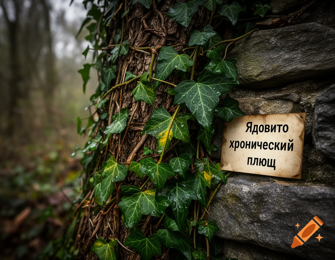 Photorealistic close-up of ivy vines climbing a tree trunk and stone wall with a small sign bearing Russian text.