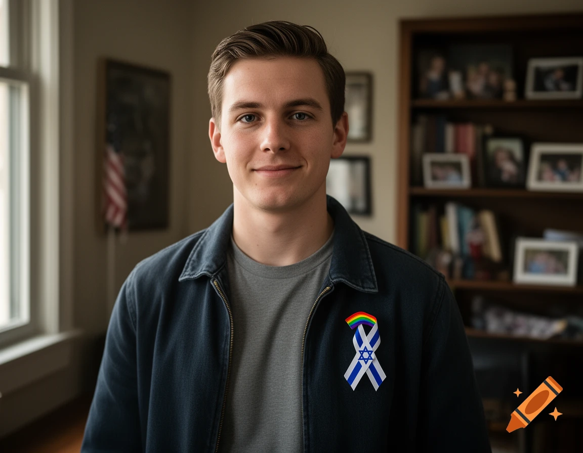 Photorealistic portrait of a young man smiling, wearing a blue jacket and a ribbon pin.