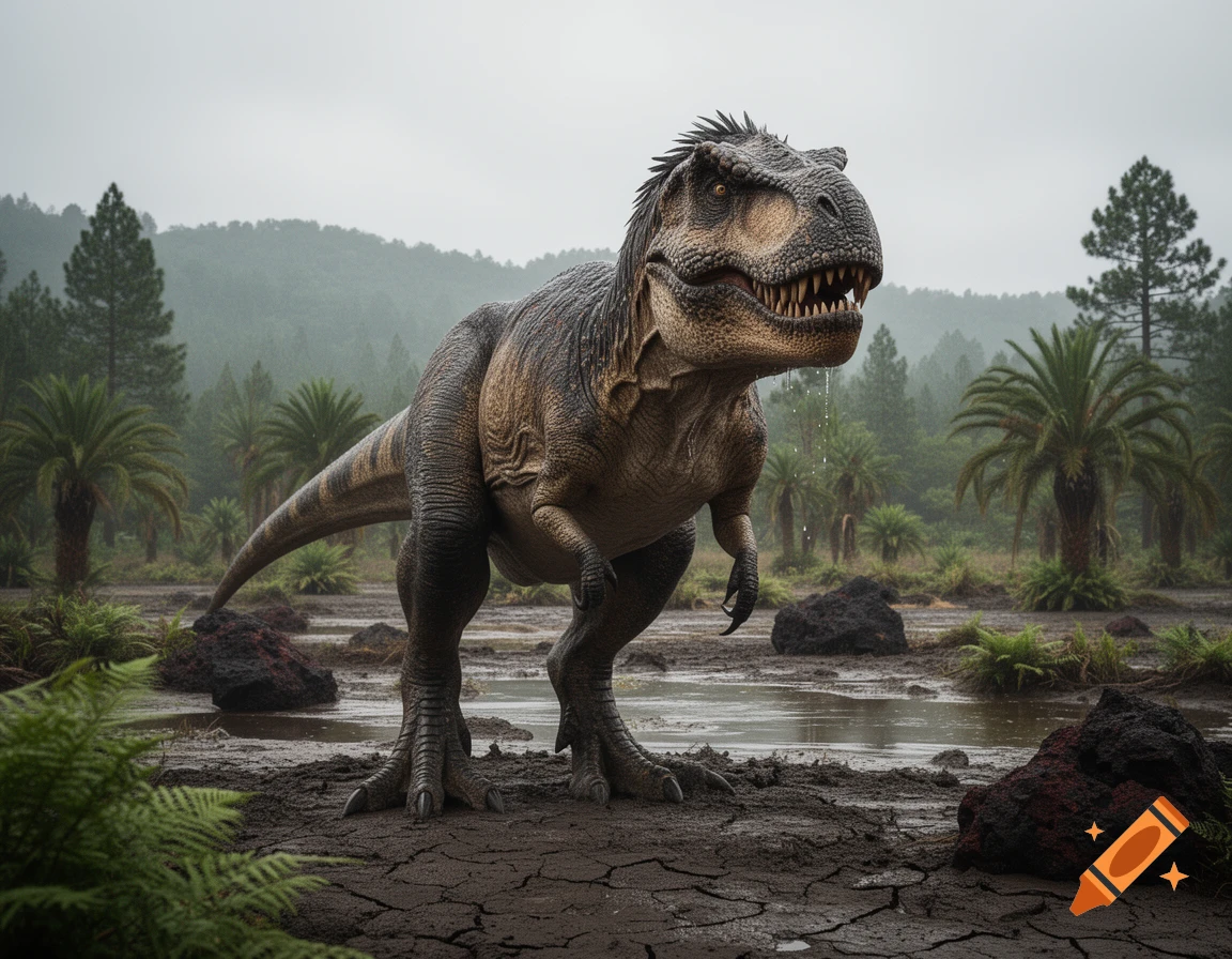 Photorealistic T-Rex standing in a muddy, prehistoric landscape with palm trees and a misty forest background.