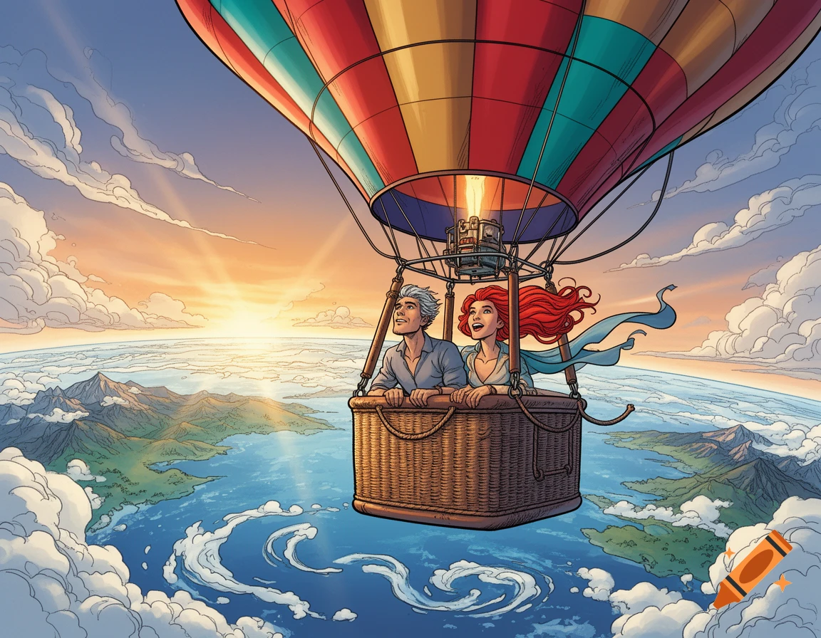 Comic illustration of a man with grey hair and a woman with red hair riding in a colorful hot air balloon above Earth.