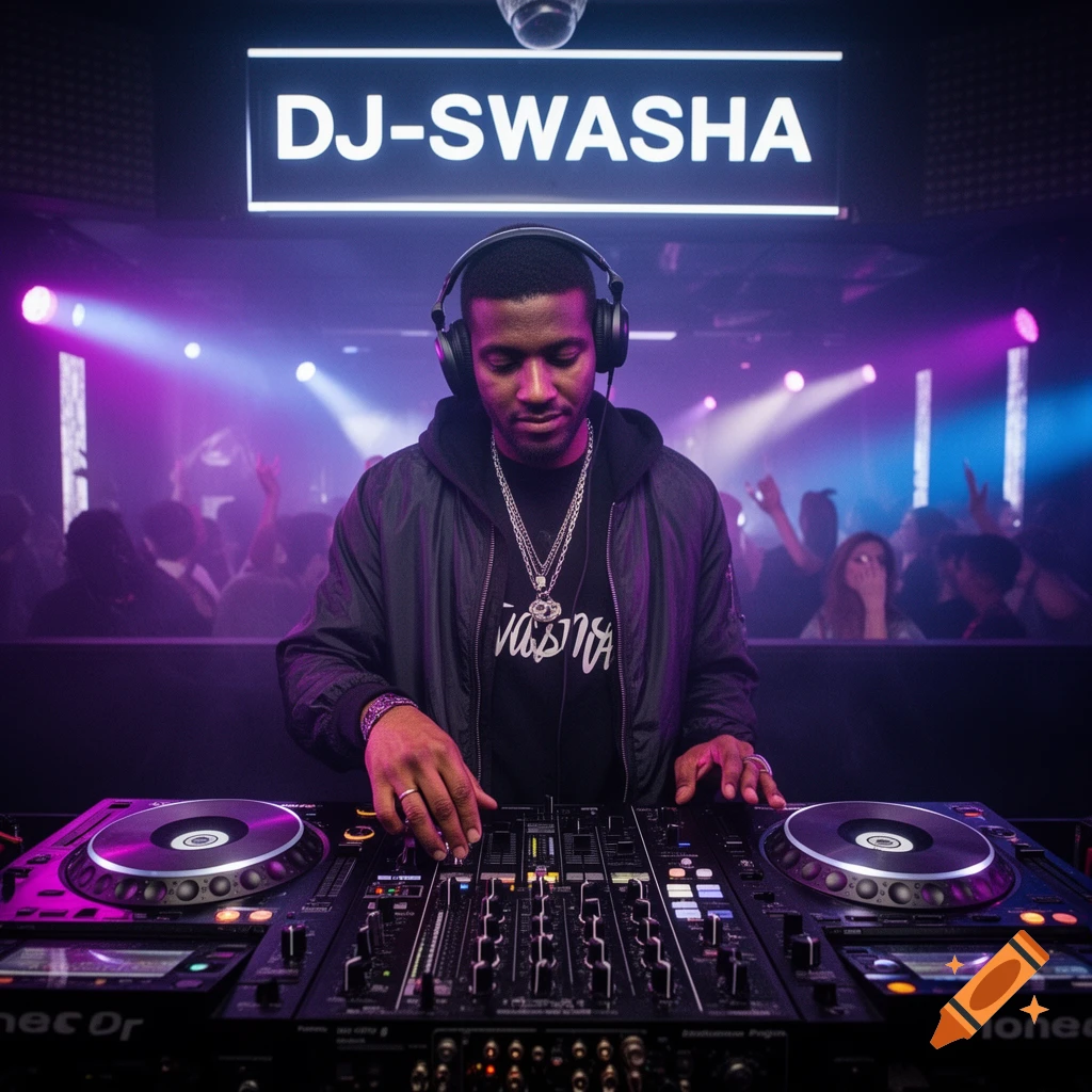 Photorealistic image of a male DJ with headphones performing at a club, with a sign reading 'DJ-SWASHA' in the background.