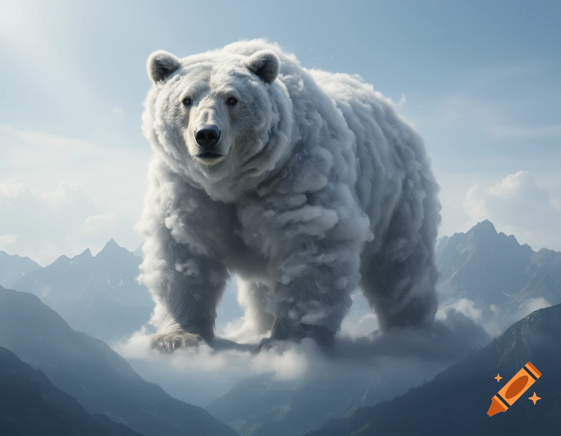 A giant polar bear made of fluffy white clouds standing on a cloud layer above mountain peaks, photorealistic style.