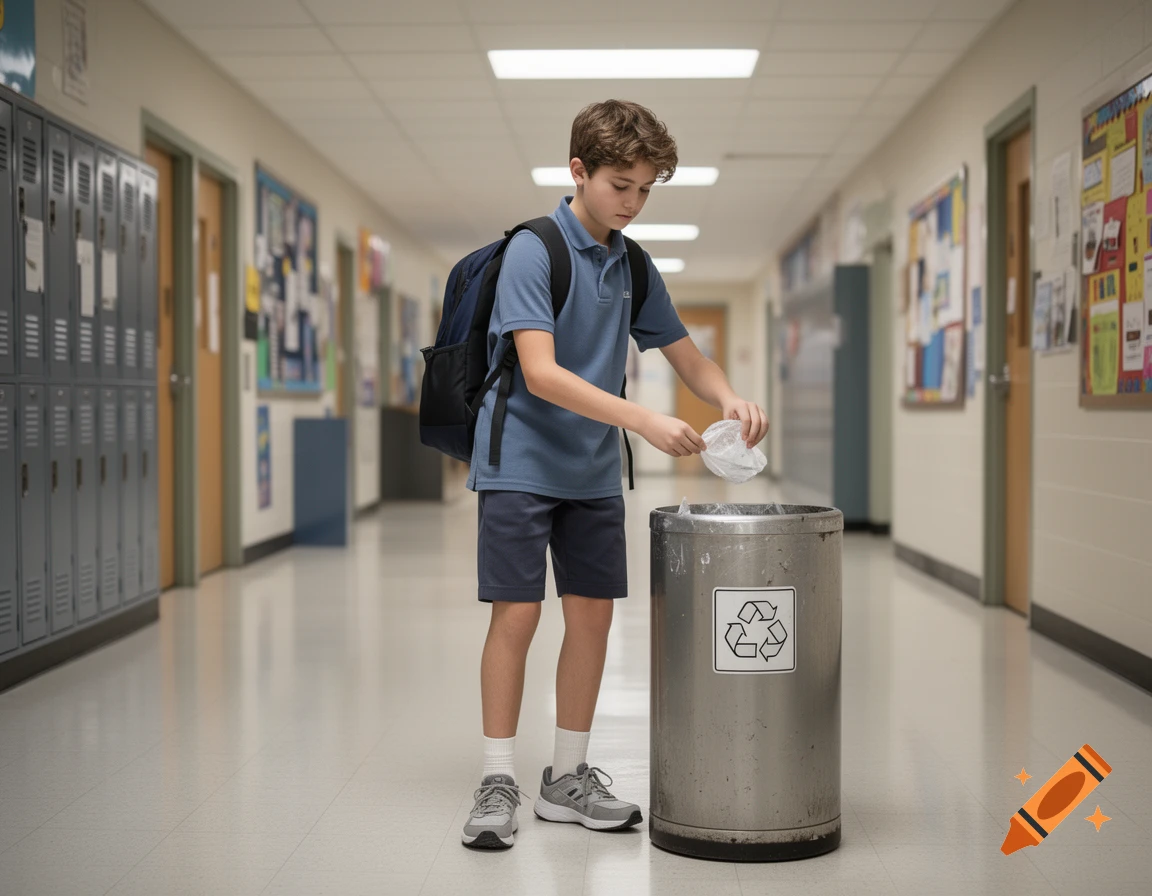 Photorealistic image of a schoolboy throwing a plastic wrapper into a recycling bin in a school hallway.