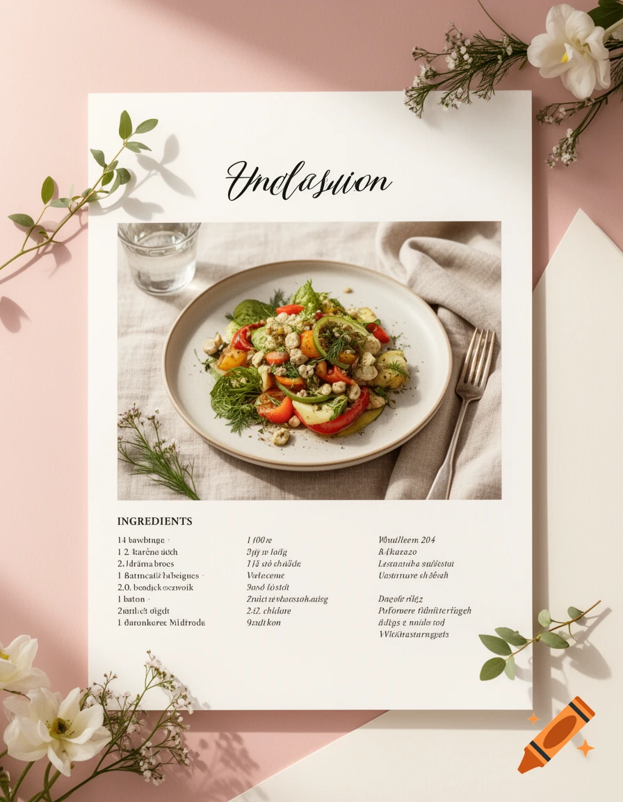 An A4 cookbook page mockup with a photo of a gourmet salad plate, ingredients list, and floral decorations on a pink background.