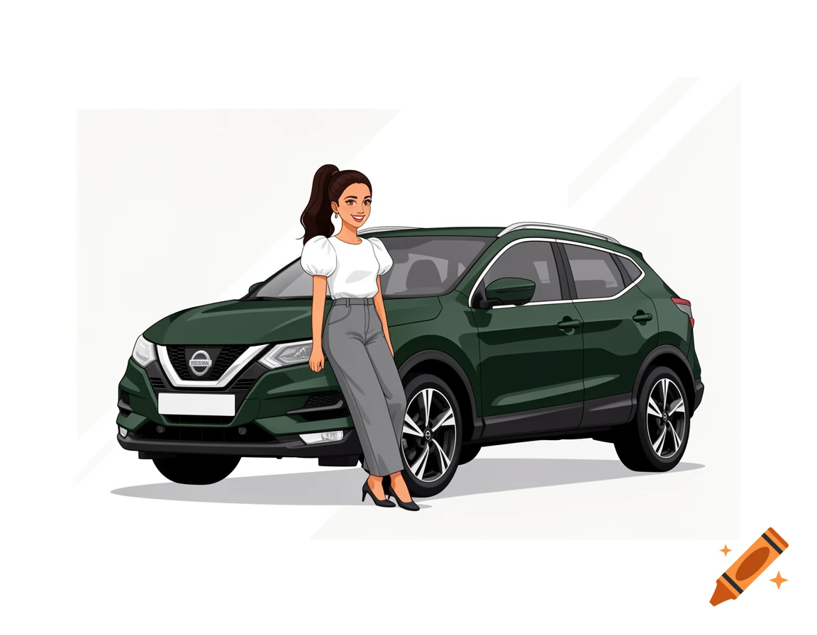 Vector illustration of a smiling woman in a white top and grey trousers leaning against a dark green Nissan Qashqai SUV.
