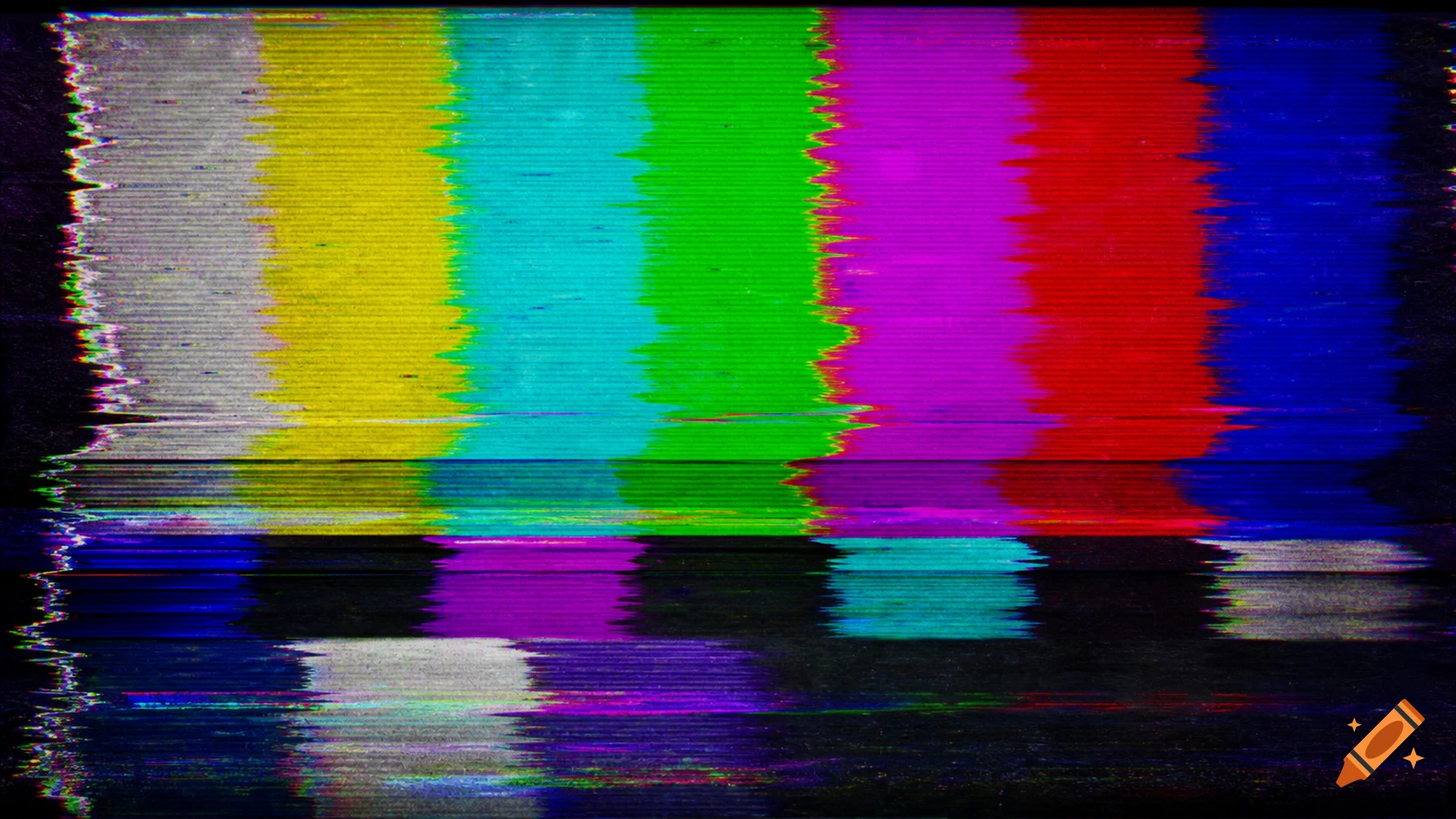 Distorted color bars test pattern with VHS glitch effect and static lines.