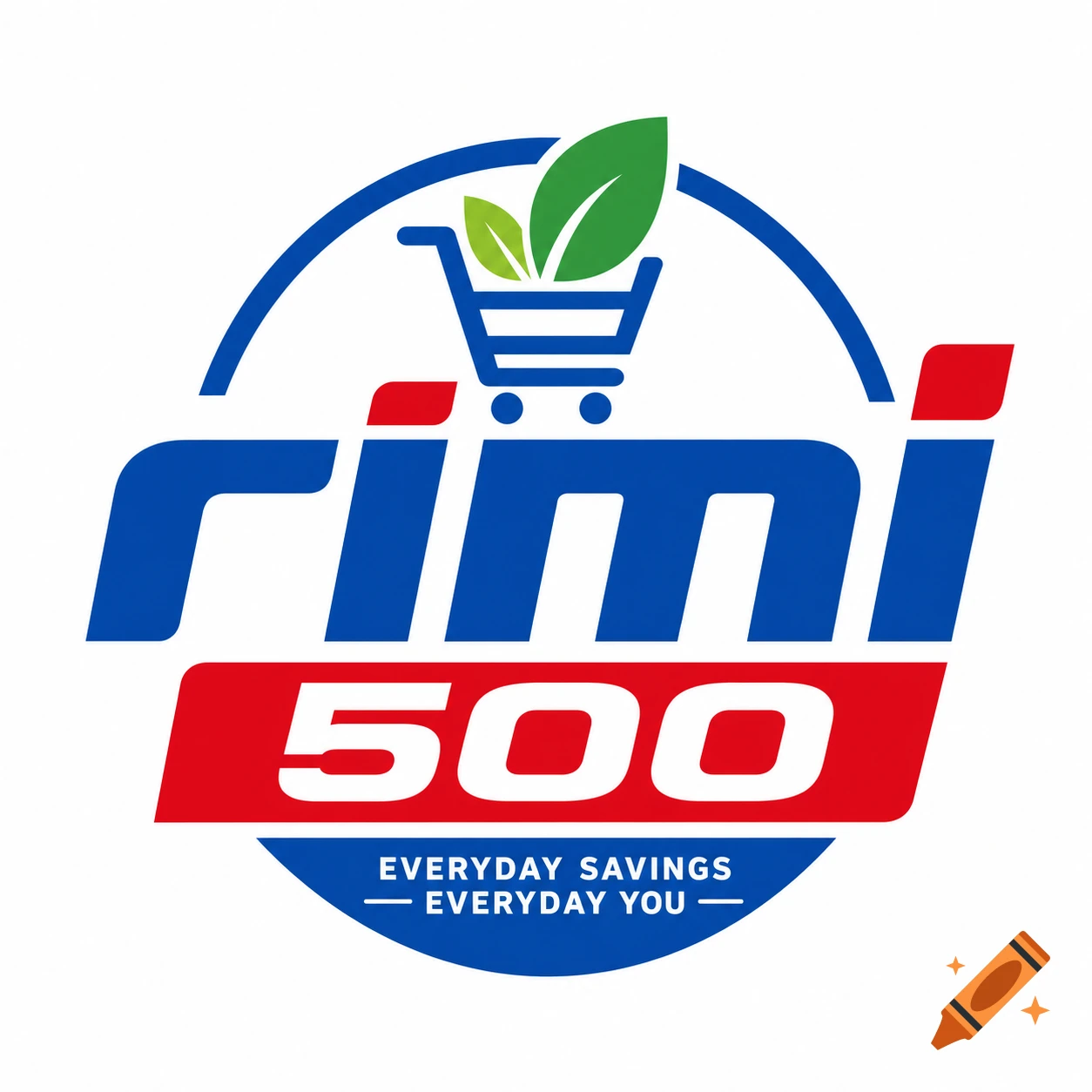 Blue and red supermarket logo with shopping cart, leaves, and the text 'rimi 500 everyday savings'.