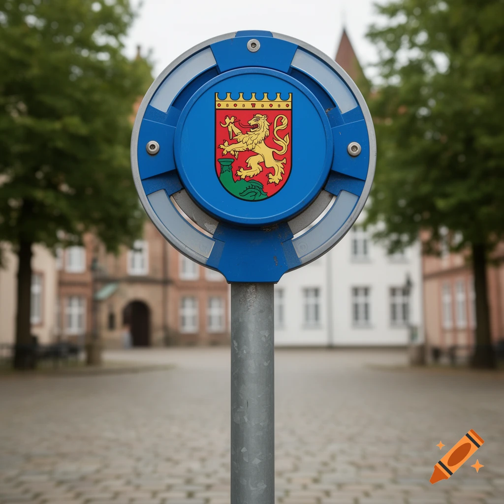 Photorealistic image of a blue and silver PokéStop sign with a coat of arms in the center, standing on a cobblestone square in front of buildings.