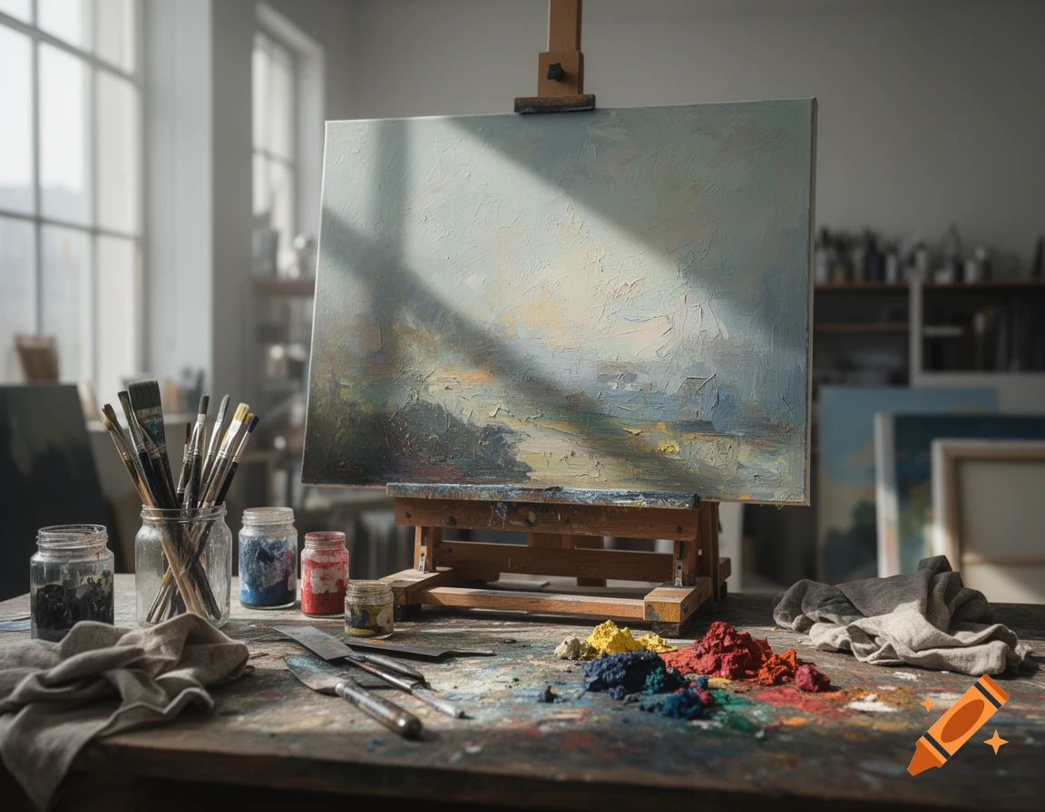 An easel with an oil painting stands on a cluttered wooden table with jars of paintbrushes, pigments, and rags in an artist's studio.