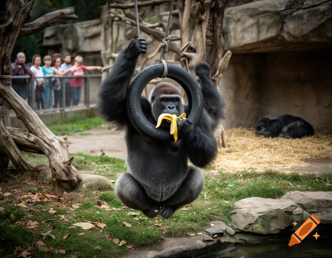 Photorealistic image of a gorilla swinging from a tire swing holding a banana in a zoo enclosure, with another gorilla napping in the background and visitors watching.