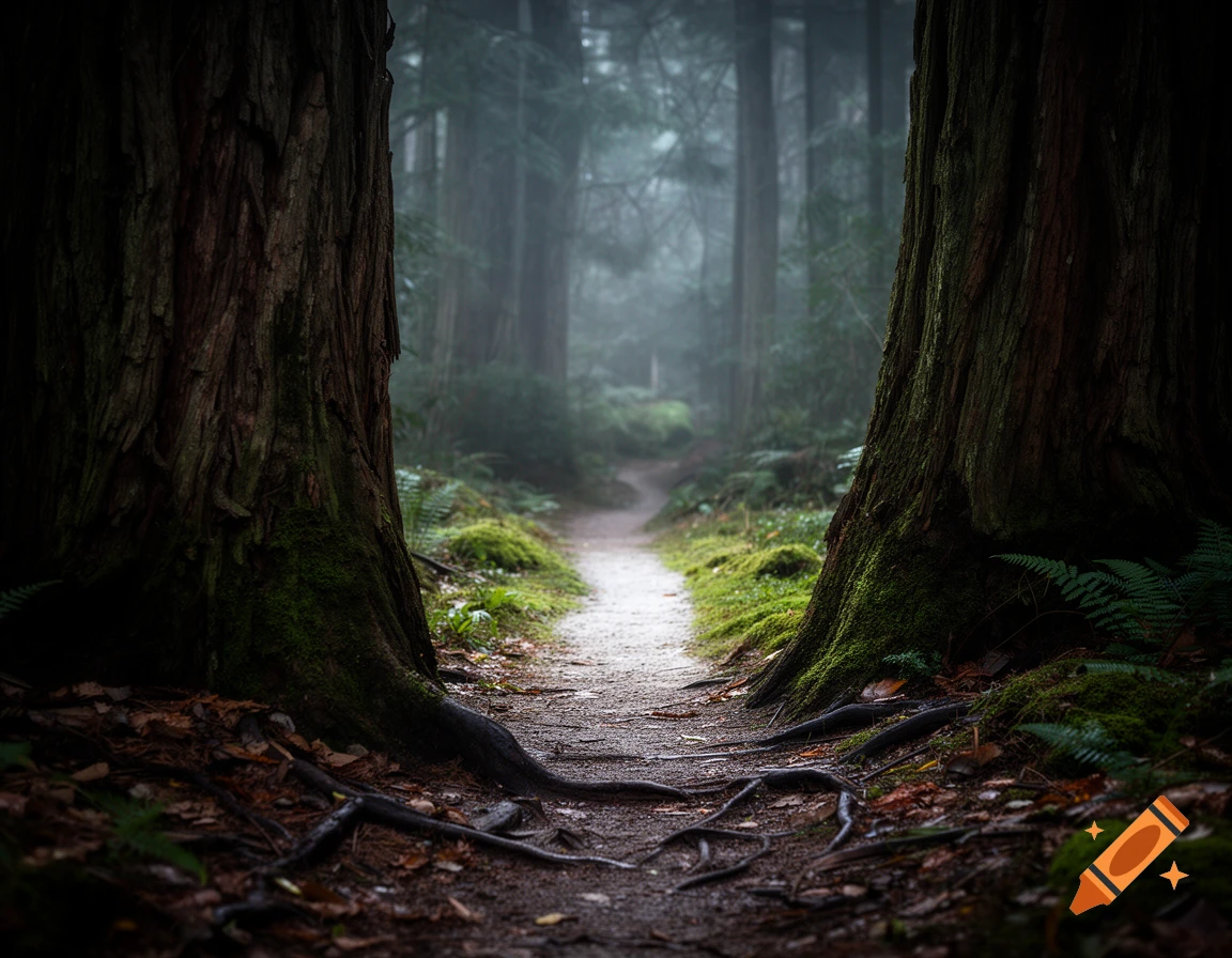 Photorealistic view of a narrow, mossy path winding through a misty, dark forest between two large tree trunks.