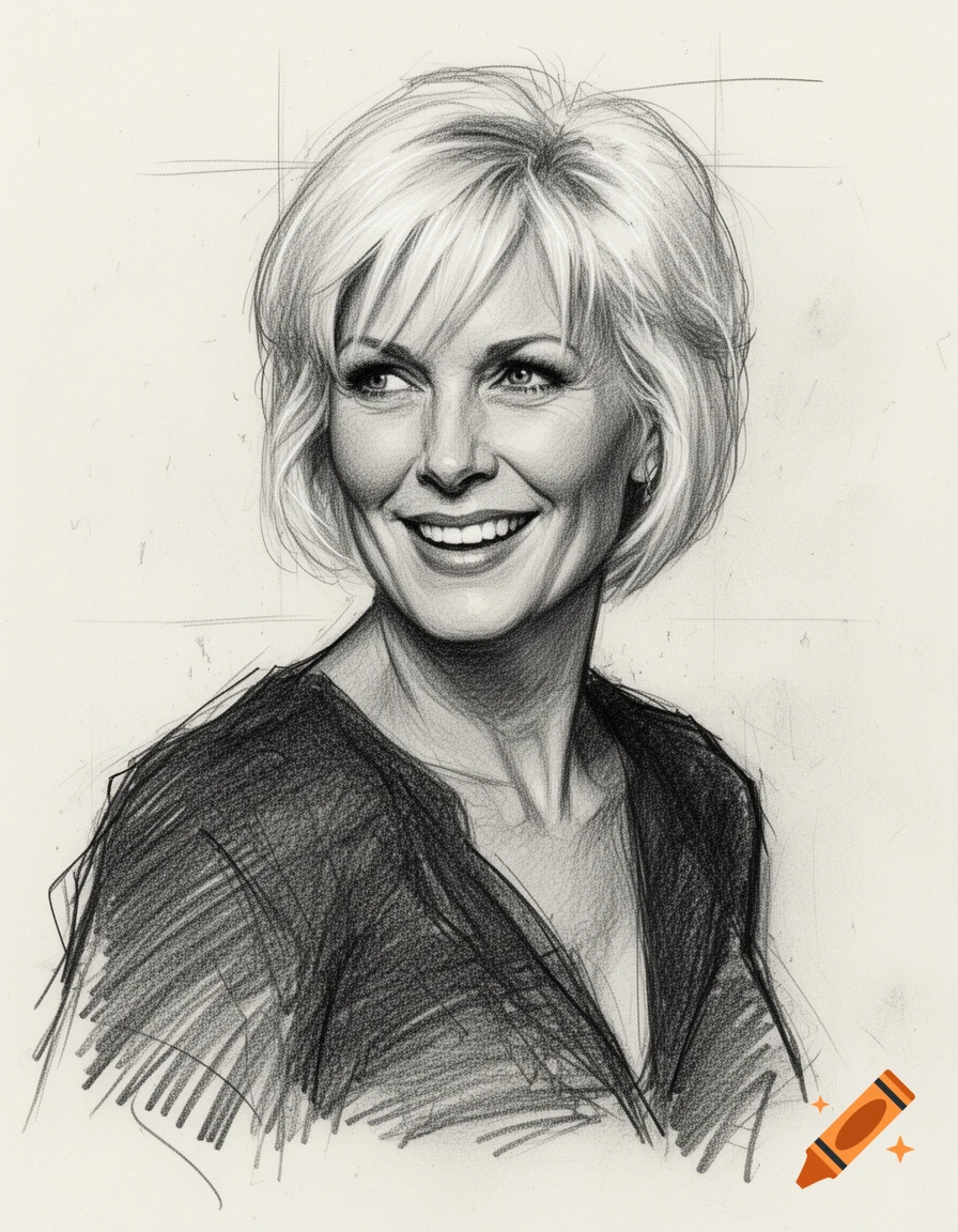 Pencil sketch portrait of a smiling woman with short blonde hair and a dark top.