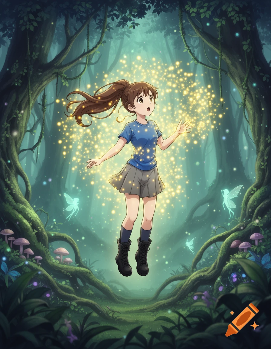 An anime girl with a ponytail floating in a magical forest surrounded by glowing yellow particles and fairy silhouettes.