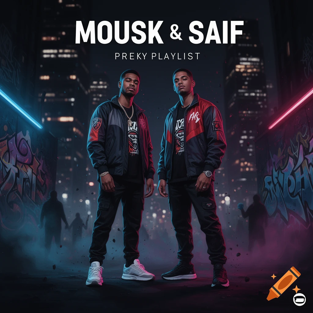 Album cover featuring two male rappers standing in a dark, neon-lit alleyway with skyscrapers in the background.