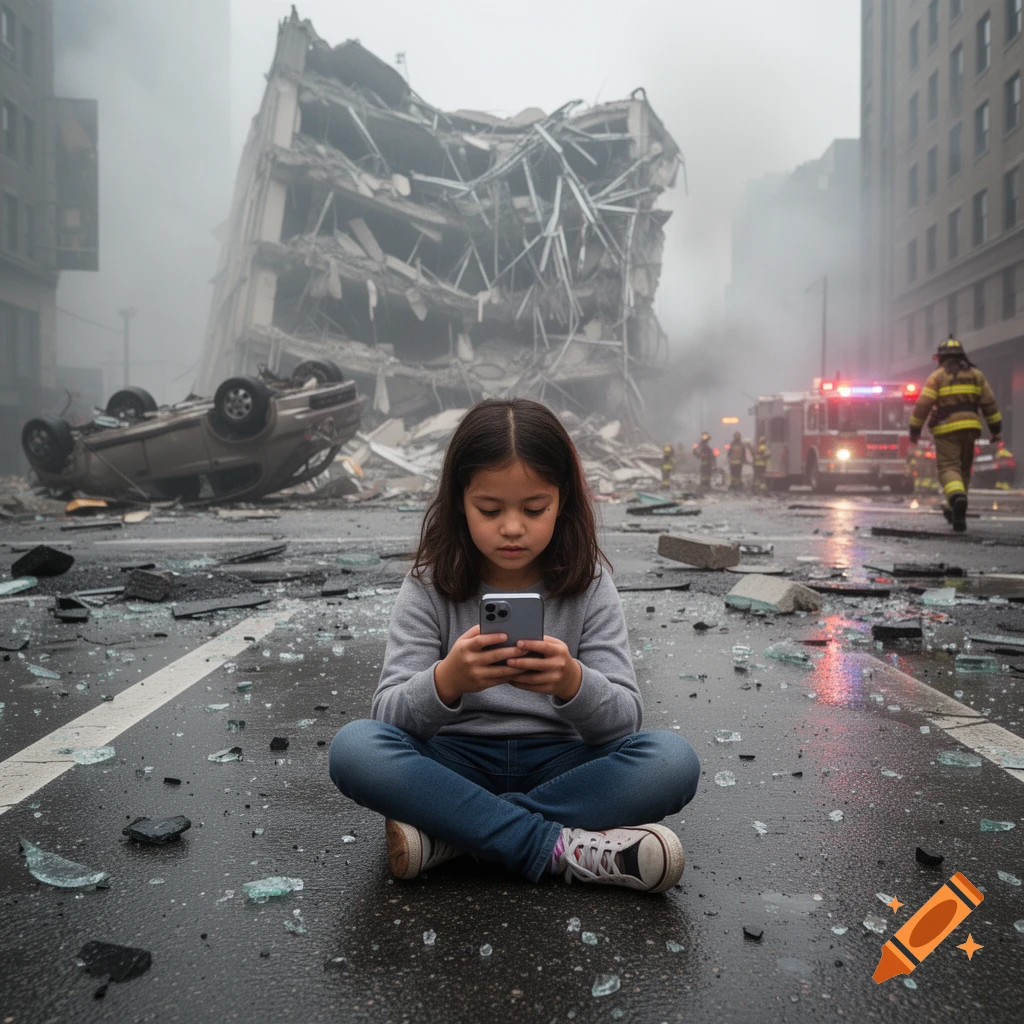 A young girl sits cross-legged on a wet street, looking at her smartphone while a destroyed building and emergency vehicles loom in the background, photorealistic style.