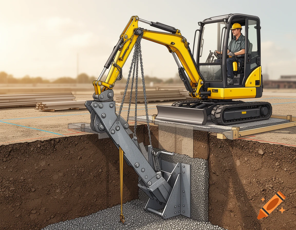 Detailed illustration of a mini excavator operating at a construction site, digging a trench and placing a structural anchor.