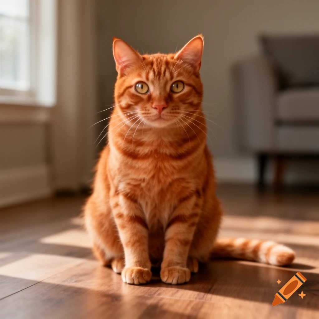 Photorealistic image of an orange tabby cat sitting on a wooden floor in a sunlit room.