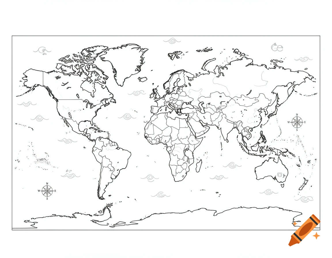 Black and white world map coloring page with continents, oceans, and compass roses.