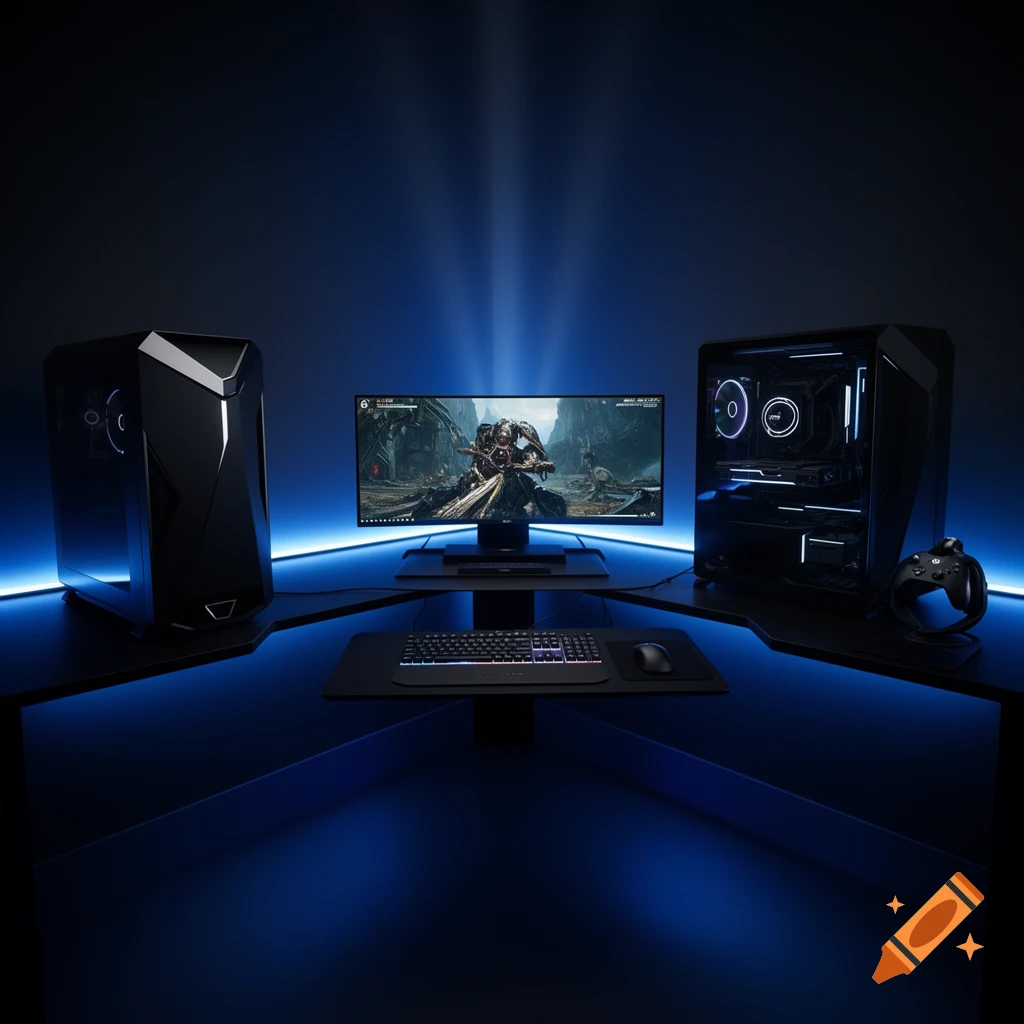 Modern gaming setup with two PC towers, central monitor displaying a game, keyboard, mouse, and blue neon backlighting in a dark room.