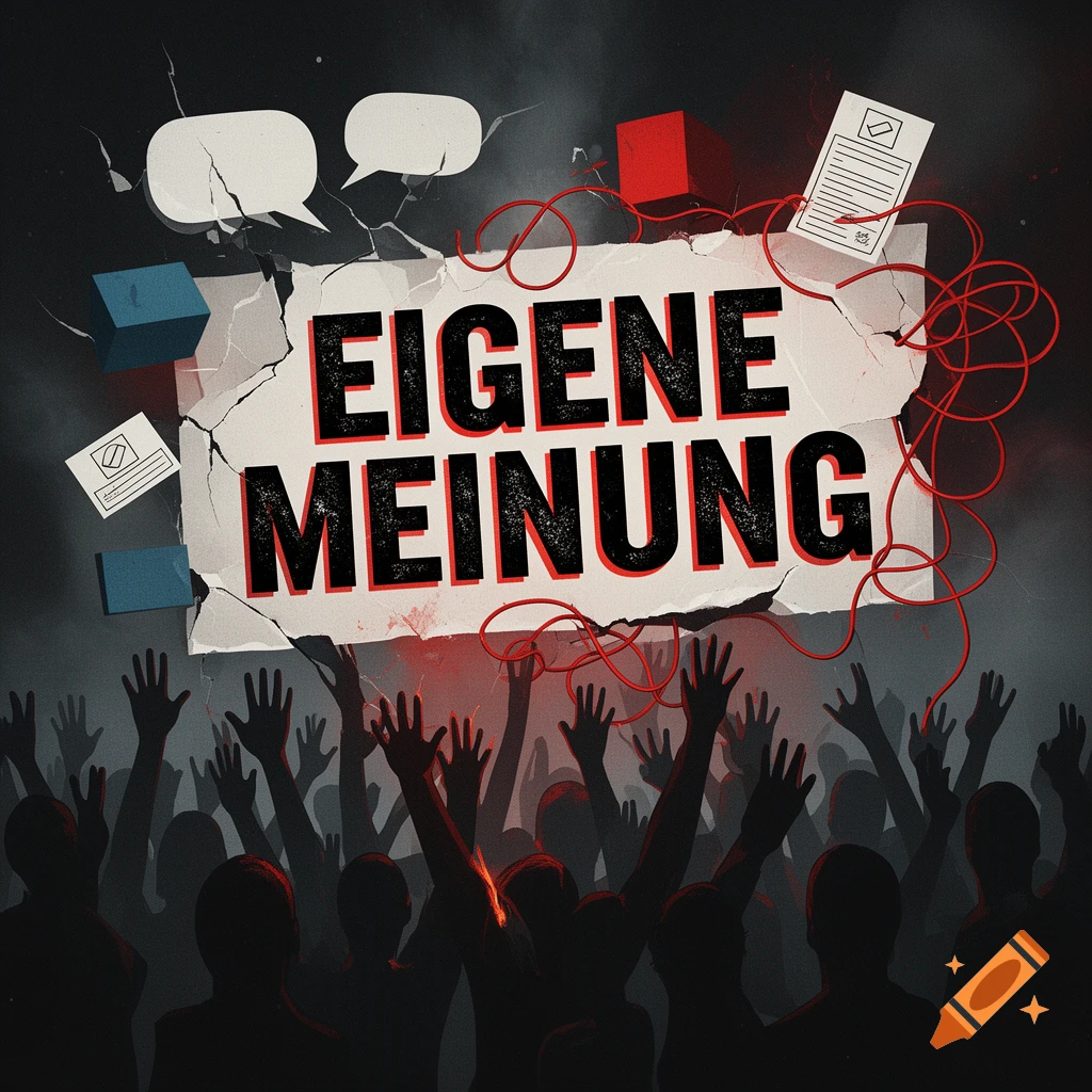 Political illustration with a crowd of silhouetted hands raising red string towards a ripped sign reading 'EIGENE MEINUNG'.