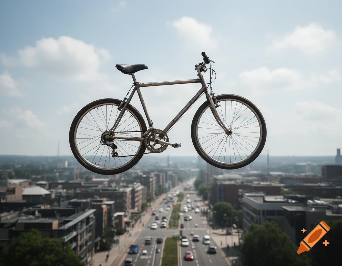 Photorealistic image of a bicycle floating in the air above a city street with traffic below under a cloudy sky.