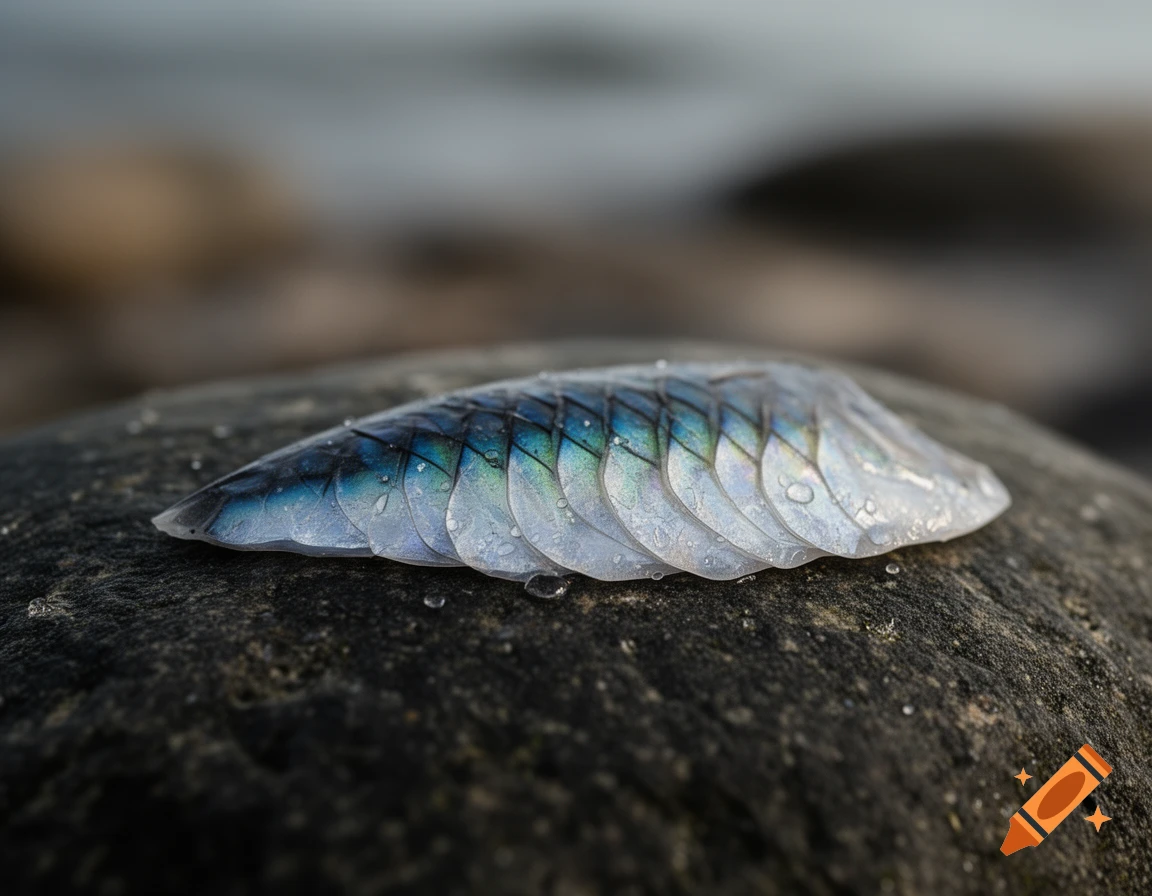 Close-up photorealistic image of a shimmering iridescent fish scale resting on a damp rock outdoors.