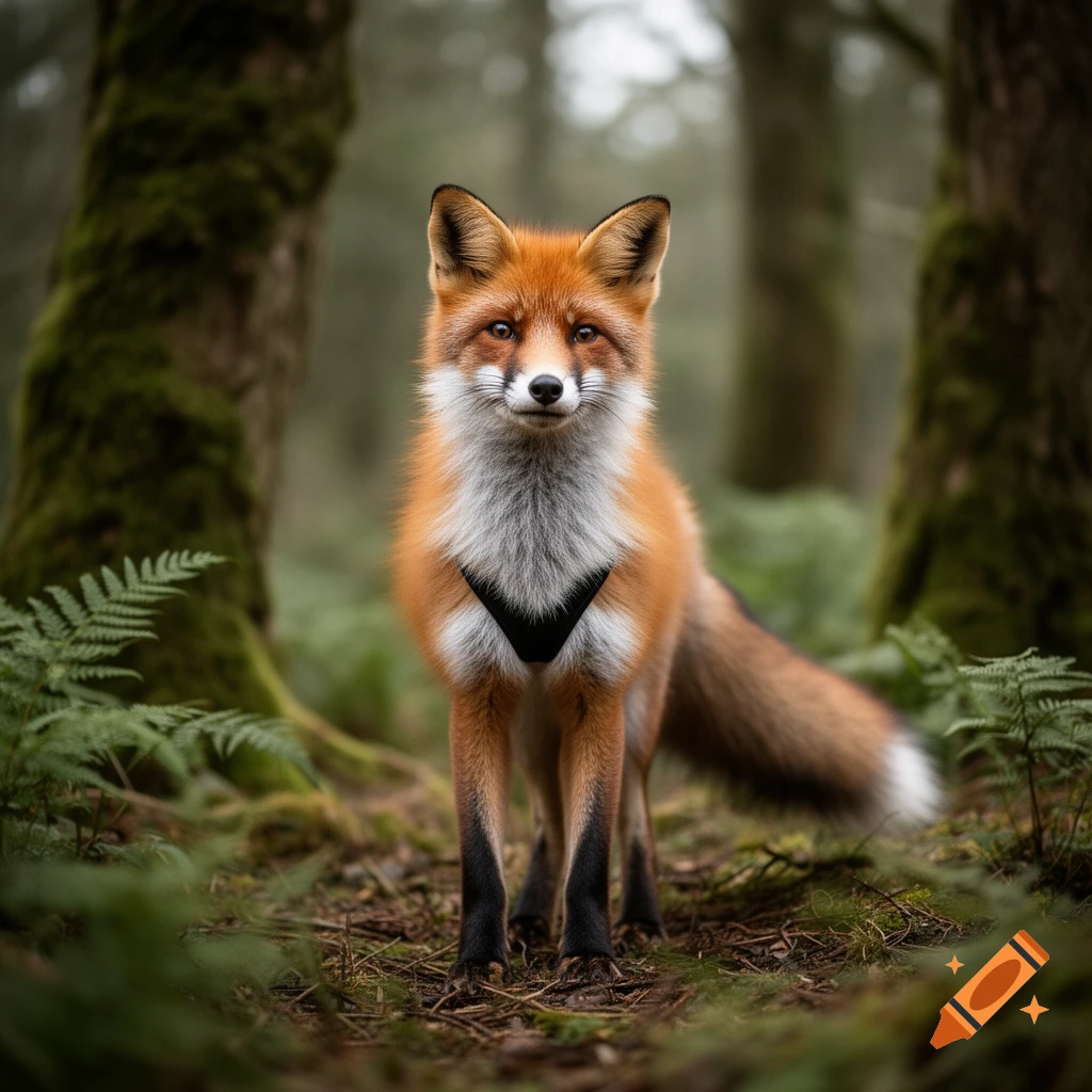 Photorealistic red fox standing in a mossy forest with ferns.