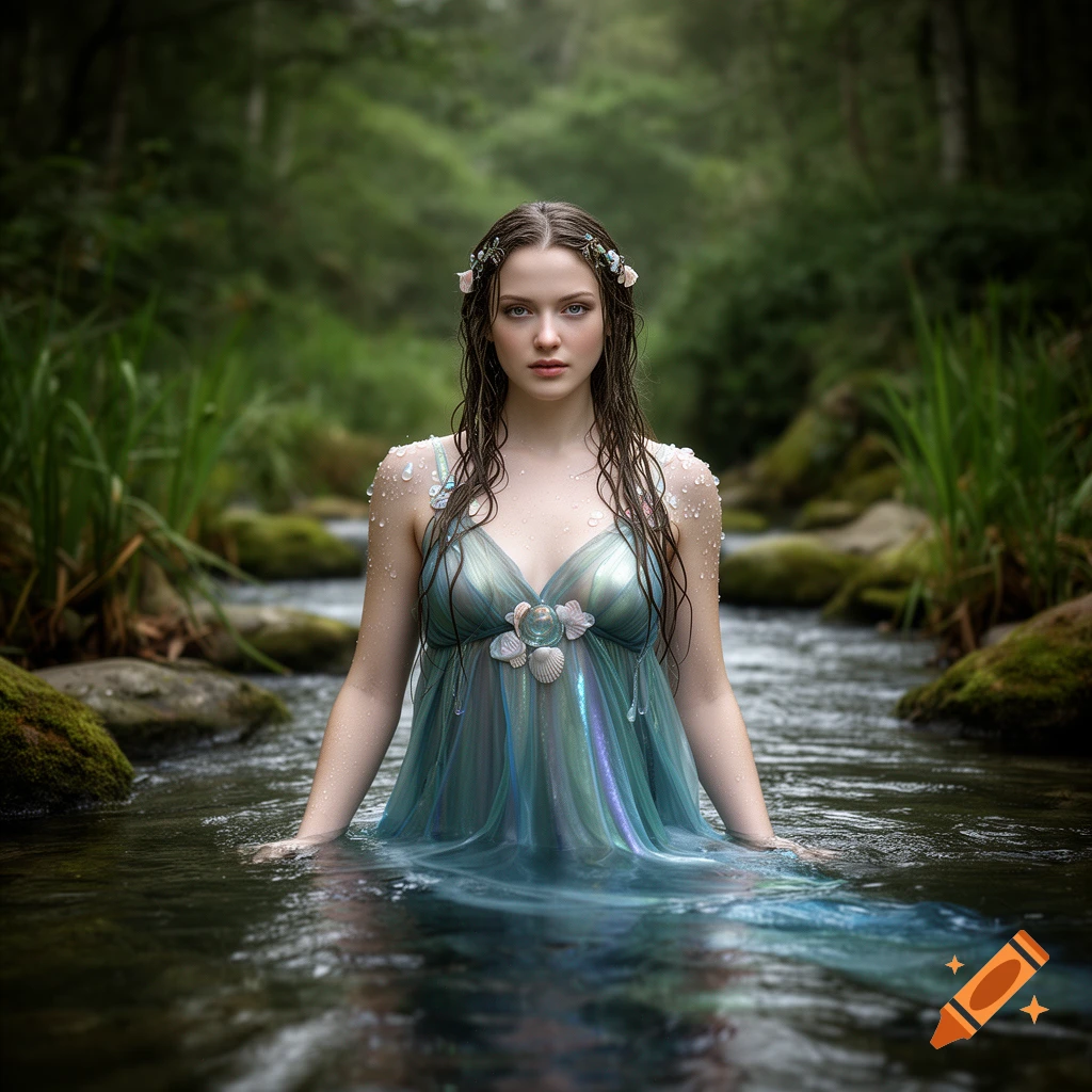 Photorealistic portrait of a water nymph in a flowing teal dress standing in a forest stream.