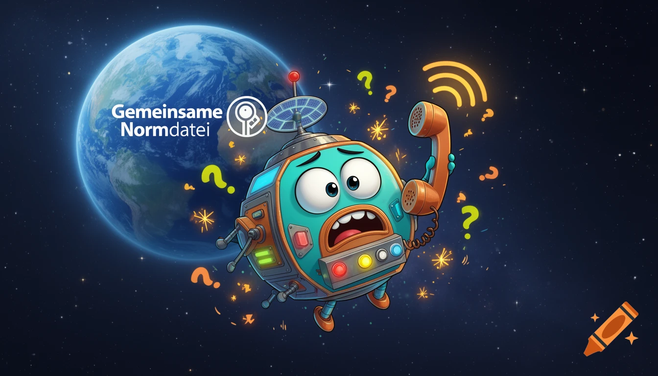 A colorful cartoon satellite in space holding a telephone next to Earth, with question marks and radio waves around it.