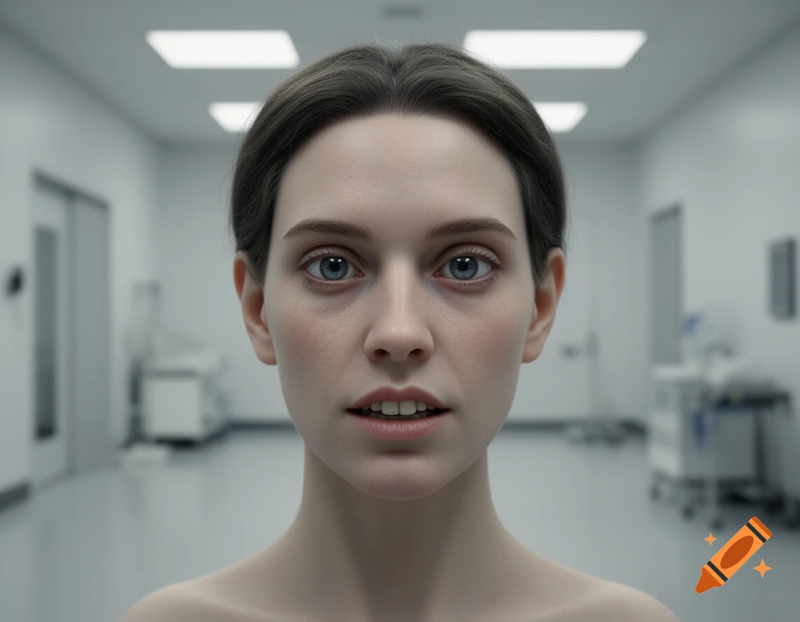 Photorealistic close-up portrait of a woman with an unnerving, staring expression in a clinical white hallway.