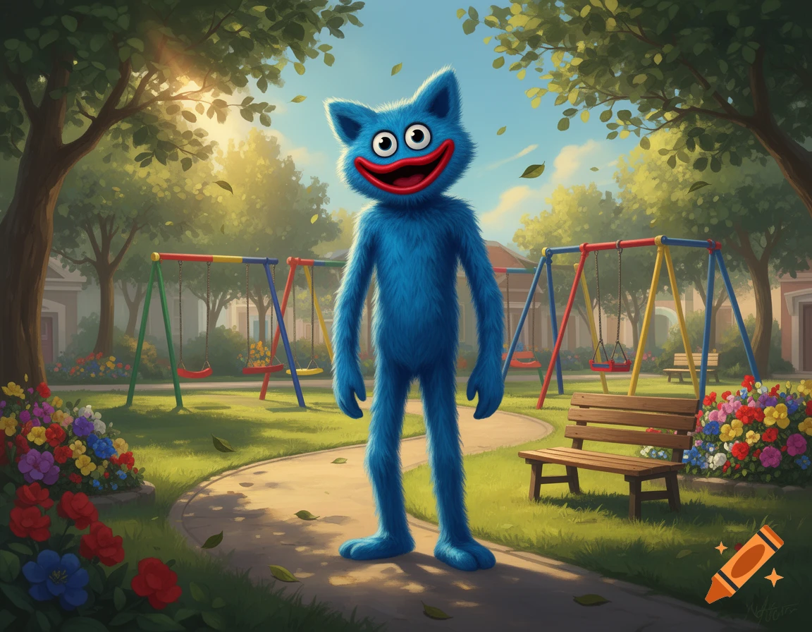 Blue furry character standing on a park path with swings and benches in the background, digital illustration.