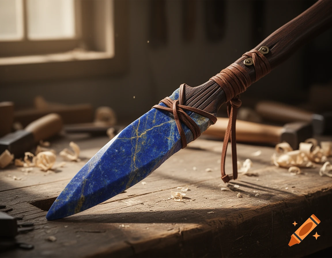 Photorealistic image of a handmade lapis lazuli spear with a dark wood handle resting on a wooden workbench.