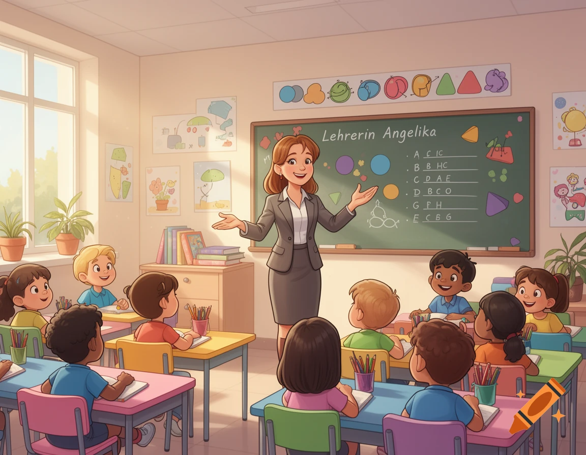 Cartoon illustration of a teacher standing in front of a chalkboard in a classroom, with attentive students sitting at their desks.