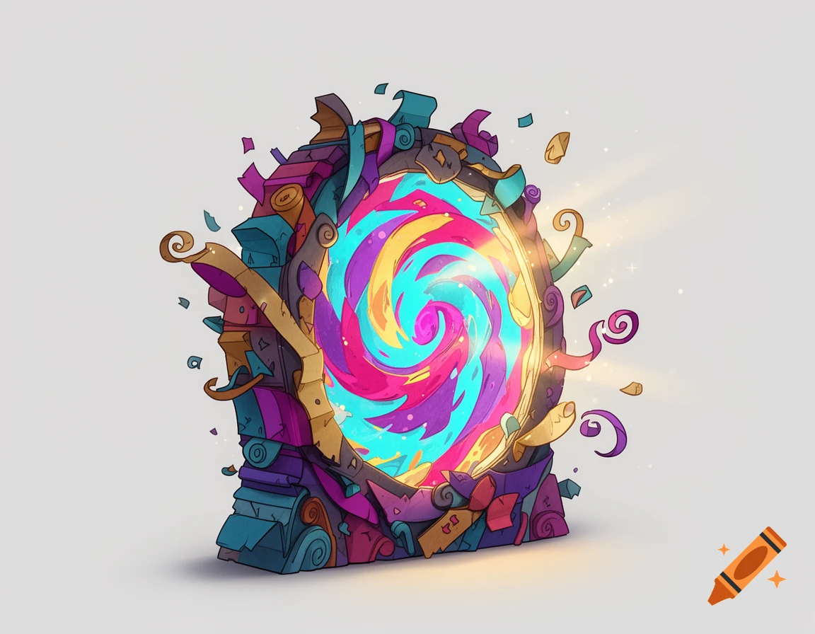 A stylized paper cutout interdimensional portal with a colorful swirling vortex, side view.