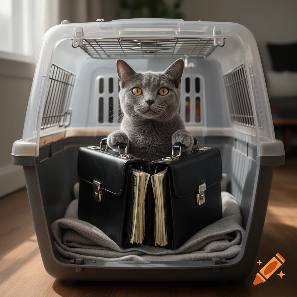 Photorealistic image of a grey cat sitting inside a pet carrier, holding two black briefcases filled with money.