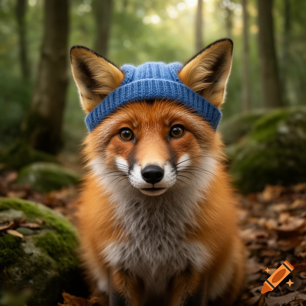 Close-up photorealistic portrait of a cute red fox wearing a blue knitted beanie in a forest.