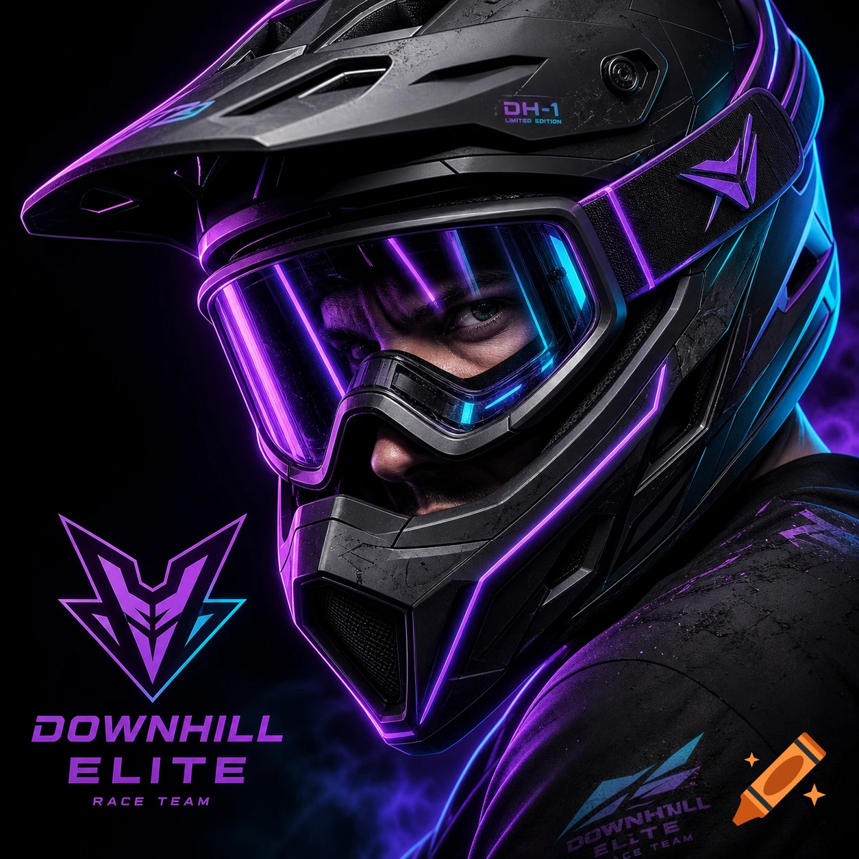 Close-up of a downhill mountain biker wearing a matte black fullface helmet with glowing purple and cyan neon lines.