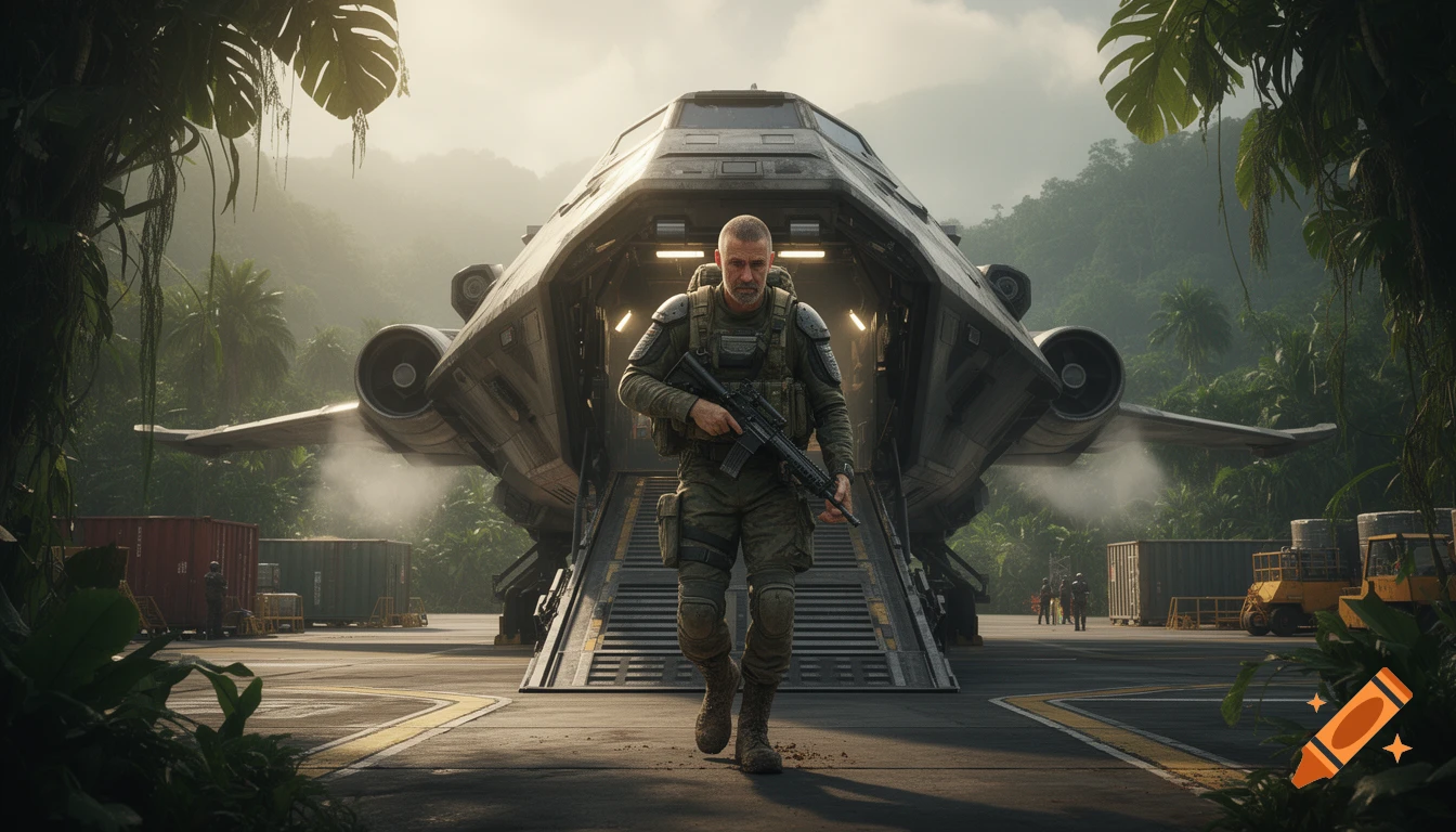 Photorealistic image of a veteran soldier walking down the ramp of a spaceship parked at a jungle spaceport.