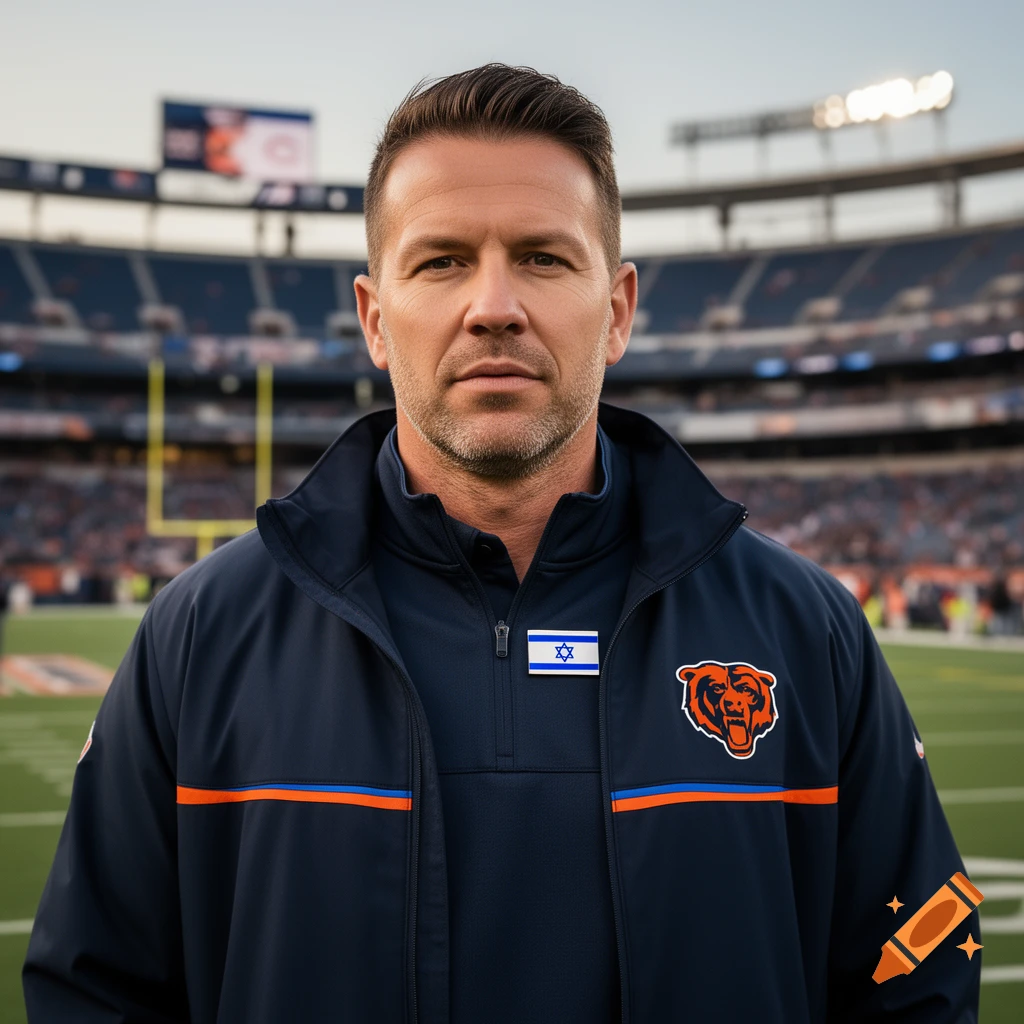 Photorealistic portrait of a coach wearing a navy jacket with an Israeli flag pin and Bears logo, standing on a football field.