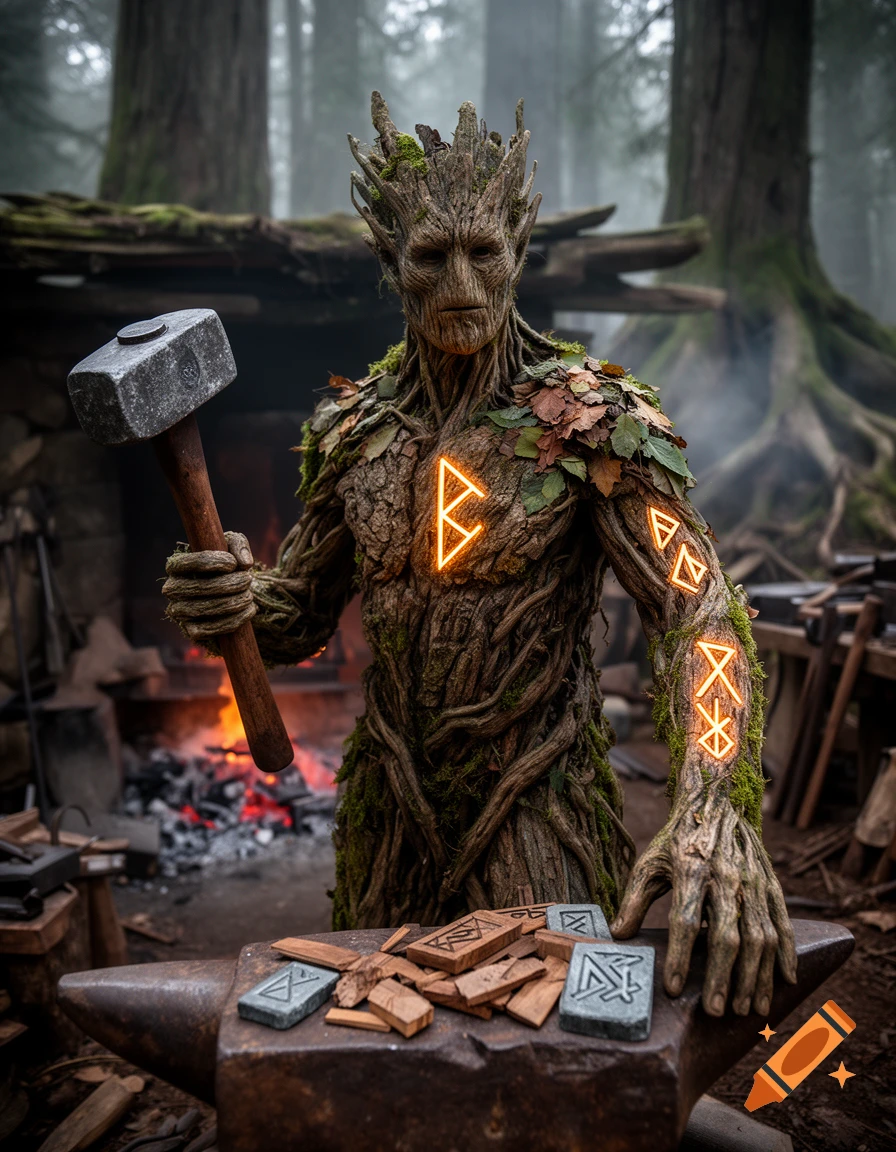 Photorealistic image of a Leshy runesmith made of wood and moss, holding a mallet in a blacksmith workshop.