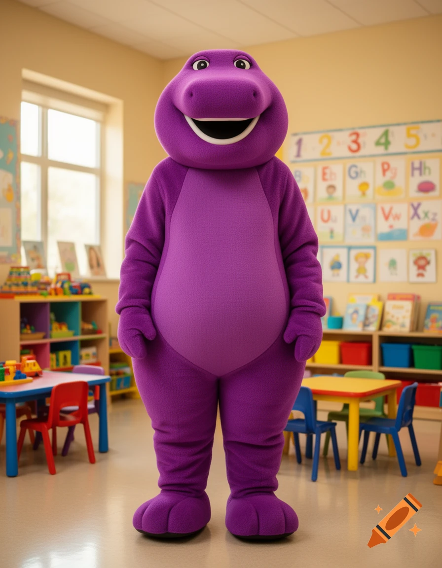 A full-body purple dinosaur mascot standing in a brightly lit preschool classroom with toys and charts.