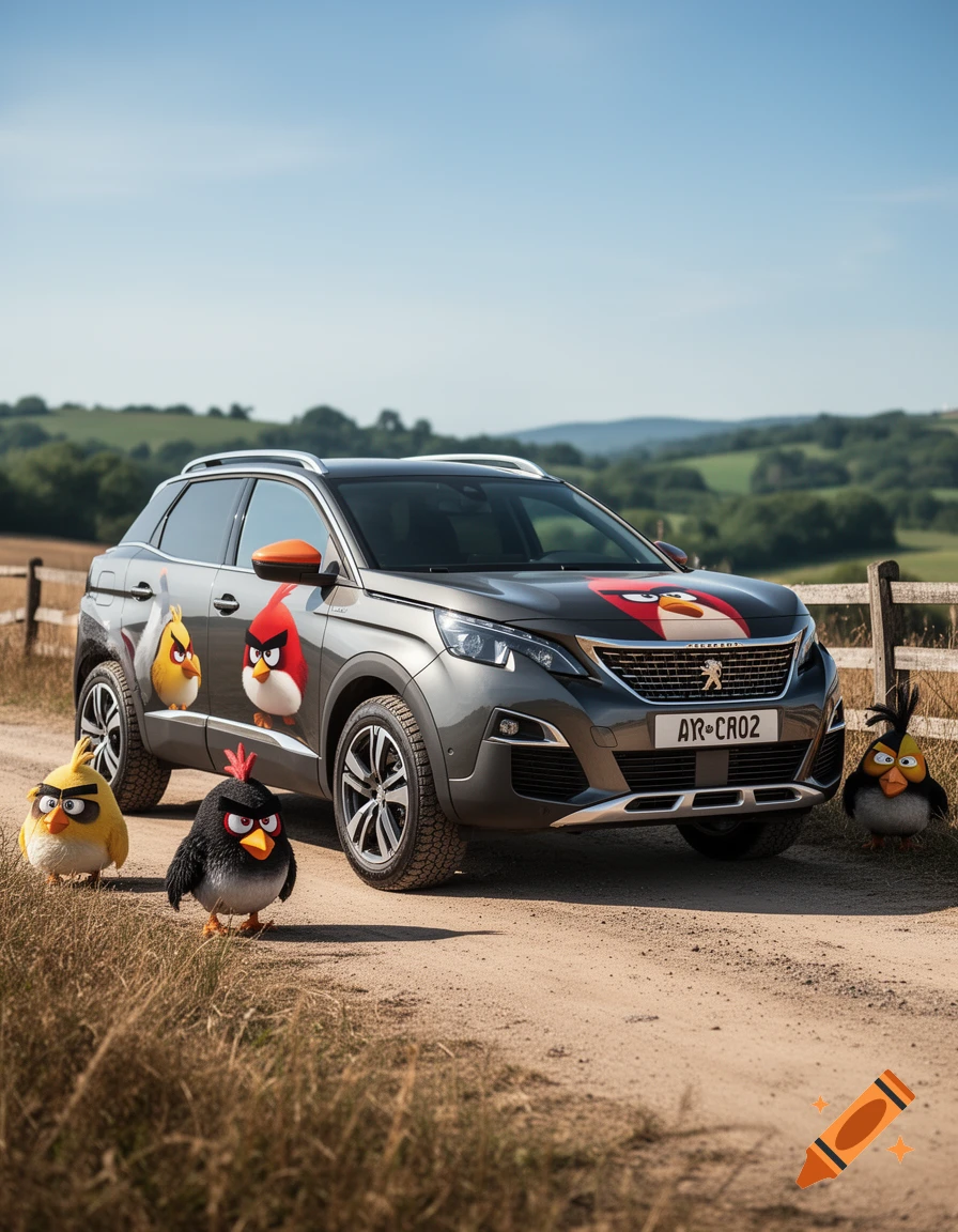 A grey Peugeot SUV parked on a dirt road, decorated with Angry Birds characters, alongside 3D Angry Birds figures standing on the ground.