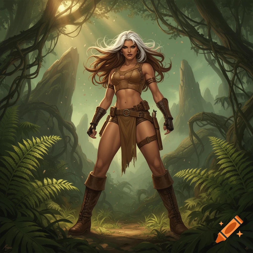 Illustration of Rogue from X-Men in a savage land jungle setting, digital art style.